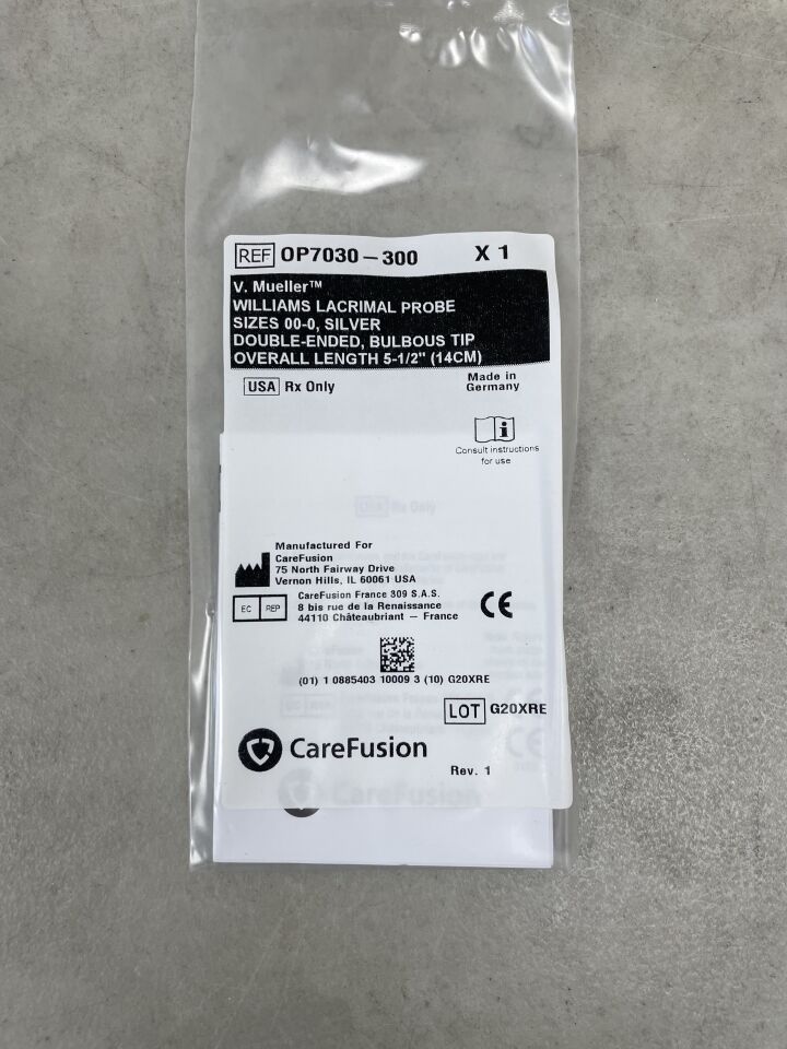 OP7030-300 - CAREFUSION - V. Mueller WILLIAMS LACRIMAL PROBE SIZES 00-0, SILVER DOUBLE-ENDED, BULBOUS TIP OVERALL LENGTH 5-1/2 inches 14CM, (EA) - ( Expiry Date: 2099-12-31 )
