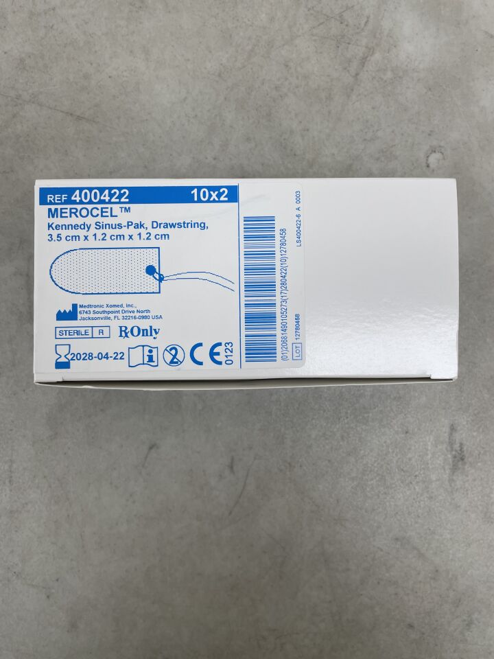 400422  -  MEDTRONIC  -  Merocel Kennedy Sinus-Pak, Drawstring, Regular 3.5cm x 1.2cm x 1.2cm , ( BX/10 )  -  ( Expiry Date : 2028-04-22 )