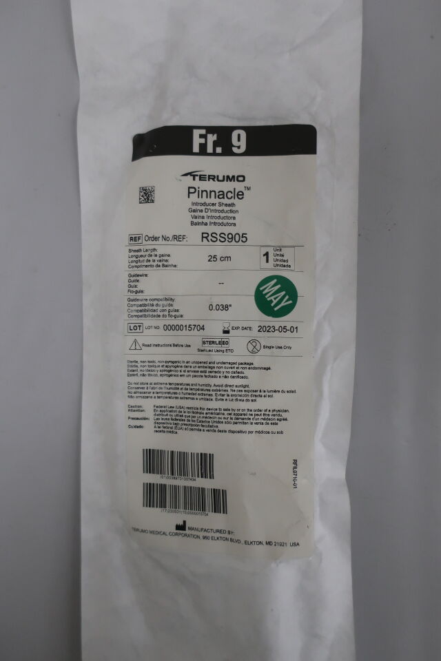RSS905 - TERUMO - Pinnacle Standard Coronary Introducer Sheath, 9 Fr Size, 25 cm Length, (EA) - ( Expiry Date: 2025-07-01 )