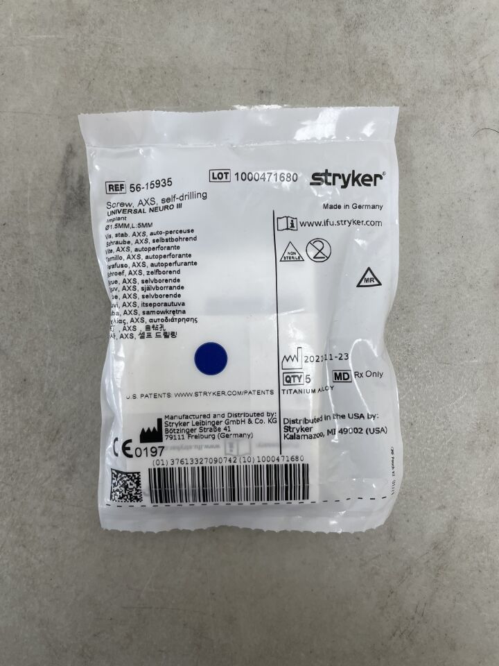 56-15935  -  STRYKER  -  AXS Universal Neuro III Screw, Self-Drilling 1.5mm x 5mm (5 per pack) , ( EA )  -  ( Expiry Date : 2099-12-31 )