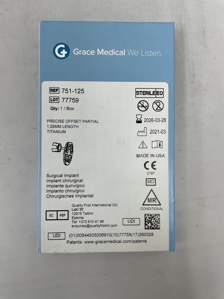 751-125 - GRACE MEDICAL - Prótesis parcial desplazada precisa, 1,25 mm, titanio, (unidad) - (Fecha de caducidad: 28/03/2026)