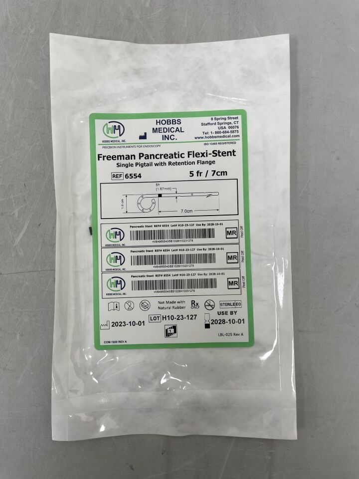 6554 - HOBBS MEDICAL - Freeman Pancreatic Flexi-Stents: Single Pigtail with Flange, 5Fr x 7cm , () - ( Expiry Date: 2028-10-01 )