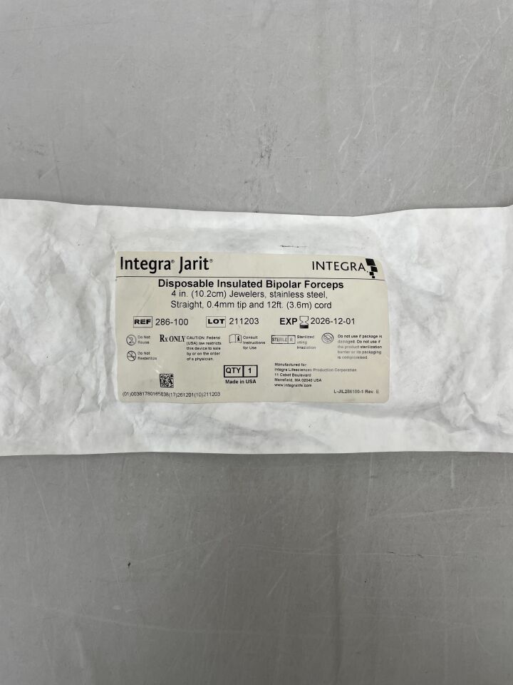 286-100 - INTEGRA - Pinzas bipolares aisladas Jarit Jewelers de 4", rectas, punta de 0,4 mm con cable de 12' (unidad) - (Fecha de caducidad: 01/12/2026)