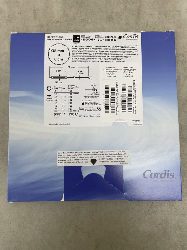 48005006N - CORDIS - SABER .035 PTA Dilation Catheter 5mm x 60mm x 80cm, (BX/1) - ( Expiry Date: 2025-11-30 )
