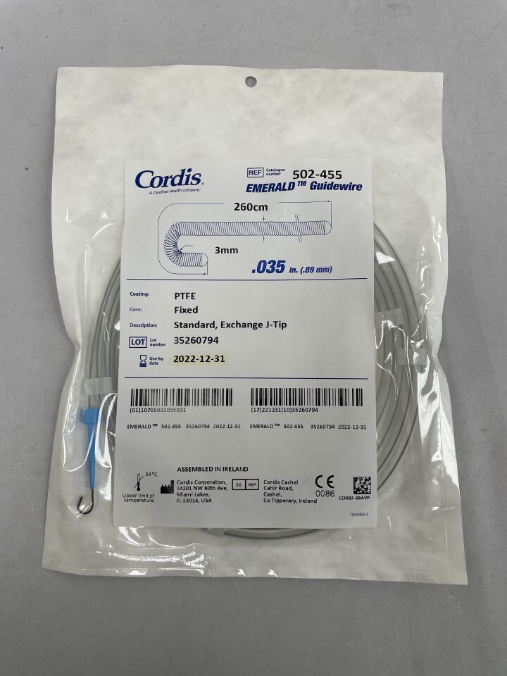 502-455 - CORDIS - Emerald Fixed-Core Exchange Guidewire, 3 mm J-Curve Tip, 0.035 in. dia. x 260 cm Length, (EA) - ( Expiry Date: 2025-12-31 )