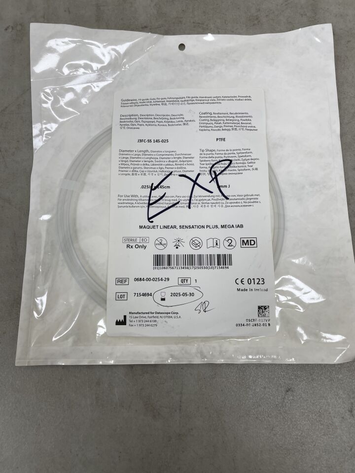 0684-00-0254-29 - MAQUET - Guidewire - PTFE - 3mm J - For use with Maquet Linear, Sensation Plus, MEGA IAB - .025" x 145cm, (EA) - ( Expiry Date: 2025-05-30 )