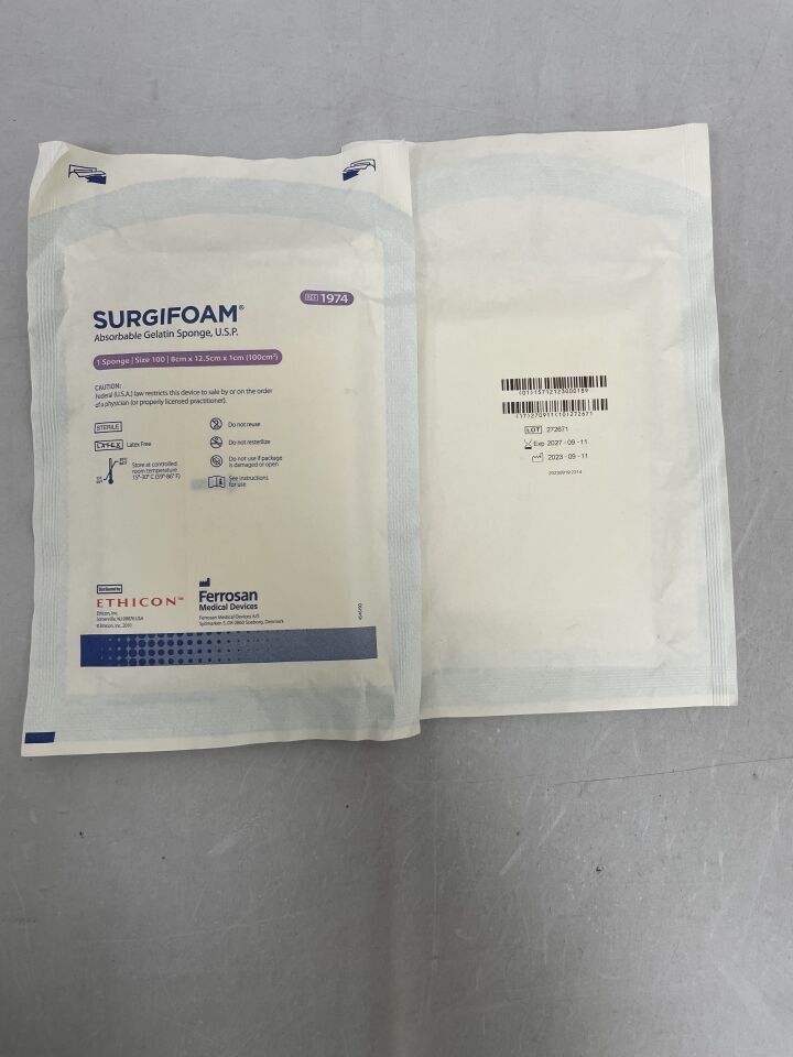 1974 - ETHICON - SURGIFOAM 可吸收明膠海綿，100 號，8 厘米 x 12.5 厘米 x 1 厘米，（EA）-（有效期至：2027-09-11）