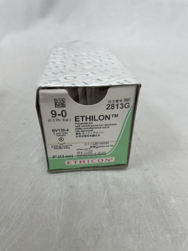 2813G - ETHICON - Ethilon 不可吸收單絲尼龍縫合線，9-0 號，5 英吋長，BV130-4 針，（盒/12）-（有效期至：2030-04-30）