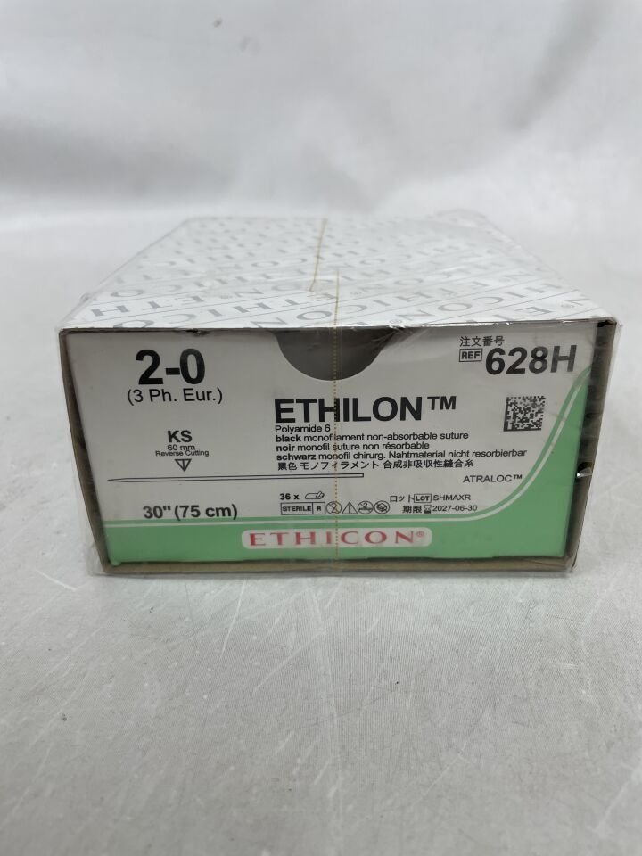 628H - ETHICON - Ethilon 不可吸收單絲尼龍縫合線，2-0 號，30 英吋長，KS 針，（BX/36）-（有效期至：2027-06-30）