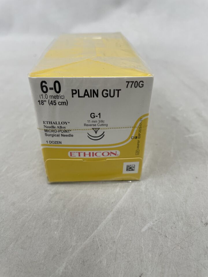 770G - ETHICON - 腸線平頭可吸收單絲縫合線，6-0號，18吋長，G-1針，（盒/12）-（有效期至：2029年1月31日）