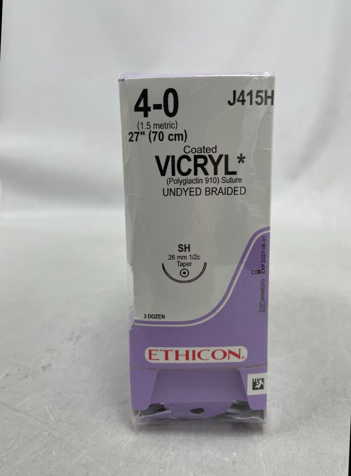 J415H - ETHICON - 塗層薇喬可吸收編織聚乳酸-羥基乙酸共聚物 910 縫合線，4-0 號，27 英寸長，SH 針，（盒/36）-（有效期至：2027-08-31）