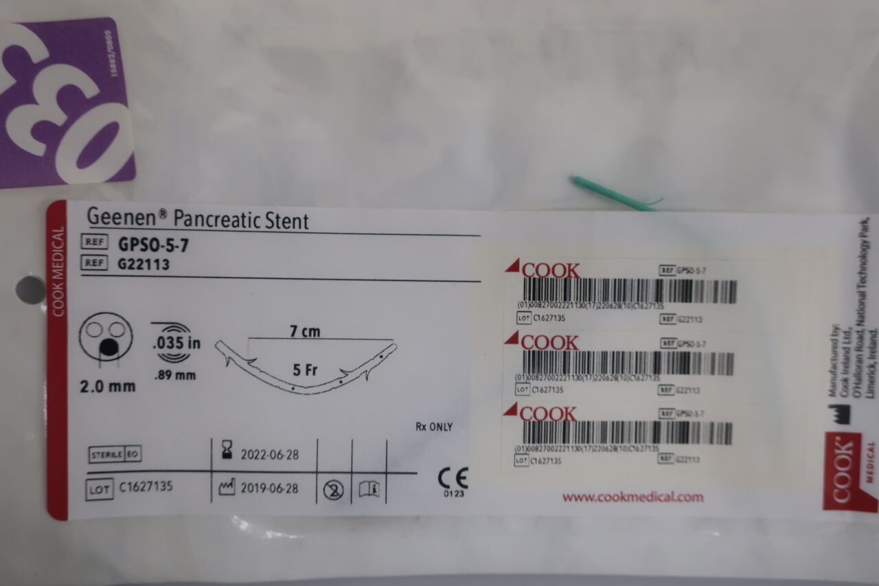 G22113 - COOK - Geenen Pancreatic Stent, 5 Fr Size, 7 cm Length, (EA) - ( Expiry Date: 2025-08-04 )