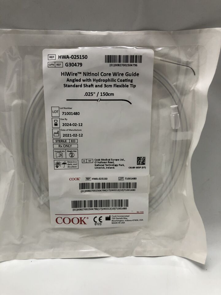G30479 - COOK - HiWire Nitinol Core Wire Guide, Angled with Hydrophilic Coating, Standard Shaft and 3cm Flexible Tip, (EA) - ( Expiry Date: 2025-08-15 )