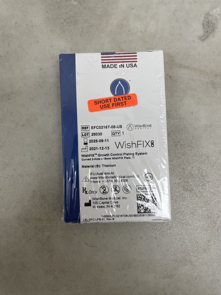 EFC0216T-08-US - WISHBONE MEDICAL - WishFix Growth Control Plating, Curved, 2 Hole x 16mm, (BX/1) - ( Expiry Date: 2025-09-11 )