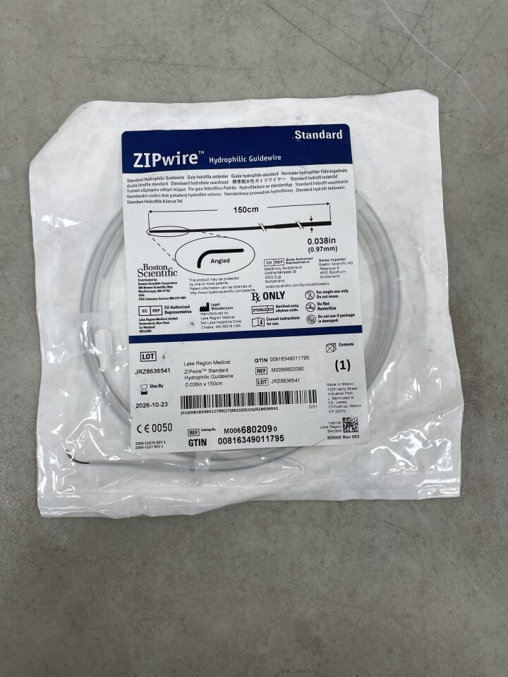 680209  -  BOSTON SCIENTIFIC  -  zipwire hydrophilic guidewire, standard shaft, angled tip, 0.038in x 150cm , ( EA )  -  ( Expiry Date : 2026-10-23 )