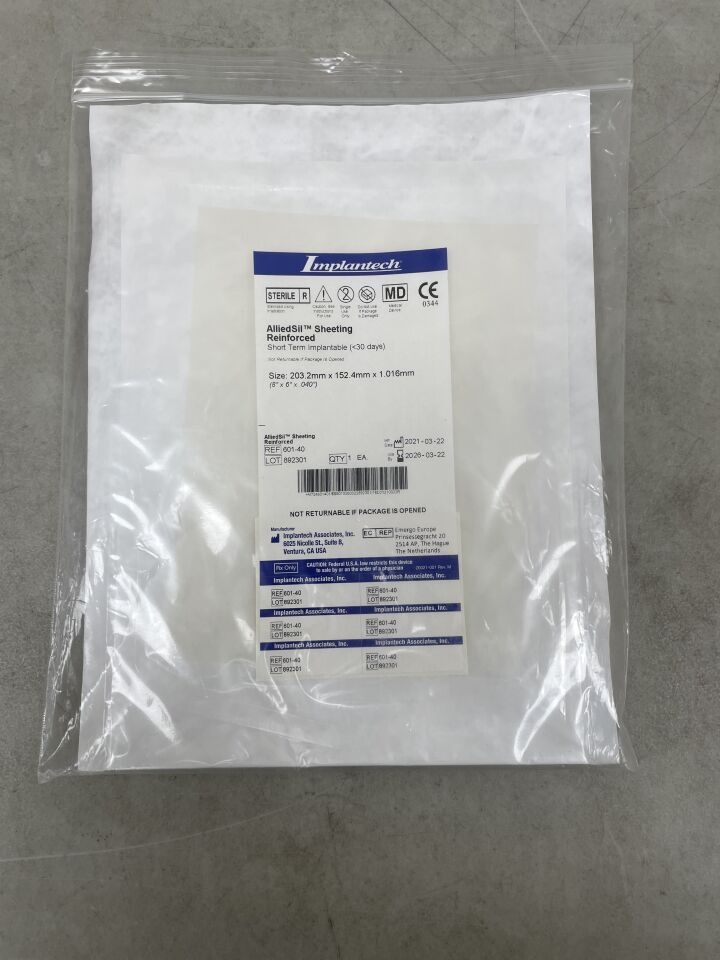 601-40 - IMPLANTECH - AlliedSil Silicone Sheeting Implant,  Short Term Under 30 Days, 8" x 6" x .040" , (EA) - ( Expiry Date: 2026-03-22 )