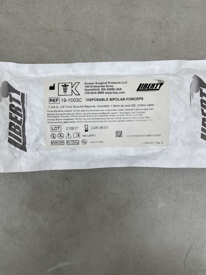 19-1003C - KIRWAN SURGICAL - Liberty Disposable Bipolar Forceps 7.75" Scoville-Greenwood Bayonet, 1.5mm Tip, Stainless w/12' Cord, (EA) - ( Expiry Date: 2026-06-01 )