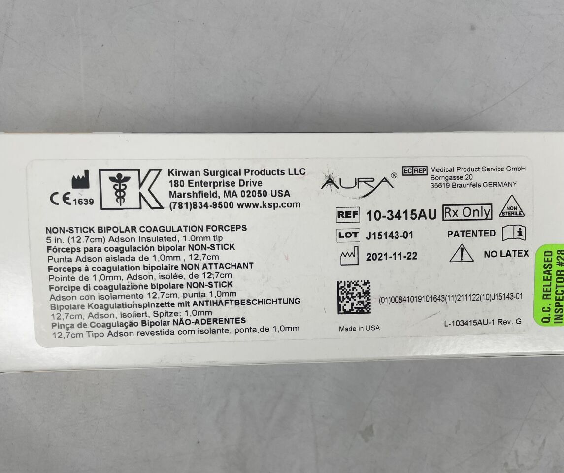10-3415AU - KIRWAN - Non-Stick Bipolar Coagulation Forceps, 5" (12.7cm) Adson Insulated, 1mm Tip, (BX/1) - ( Expiry Date: 2099-01-01 )