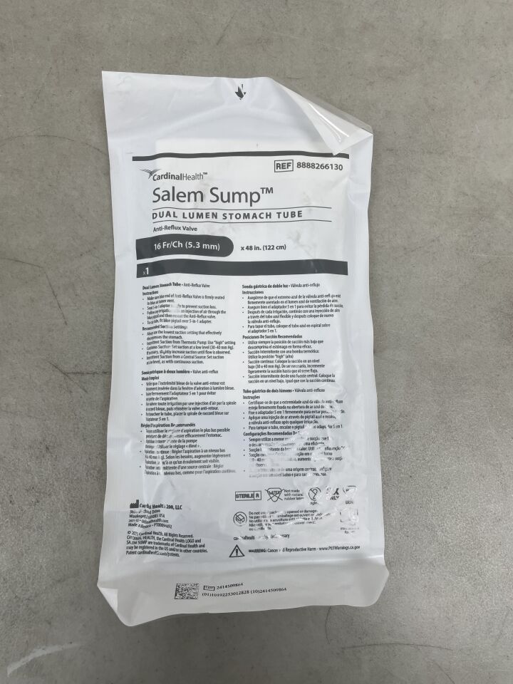 8888266130  -  COVIDIEN  -  Salem Sump Dual Lumen Stomach Tube, 16Fr/Ch x 48″ , ( EA )  -  ( Expiry Date : 2099-12-31 )