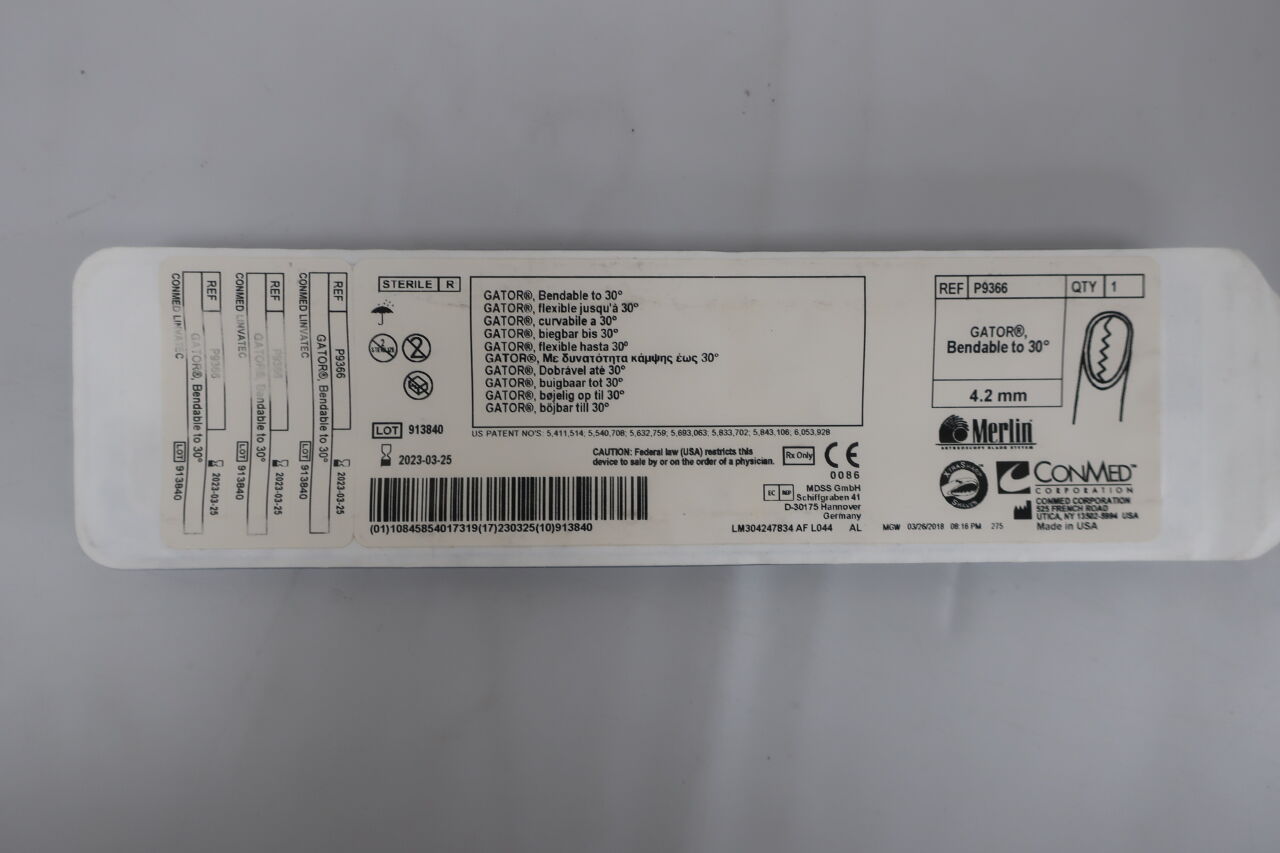 P9366 - CONMED - Merlin Bendable Gator Arthroscopy Blade, 4.2 mm dia. x 13 cm Working Length, (EA) - ( Expiry Date: 2023-03-25 )
