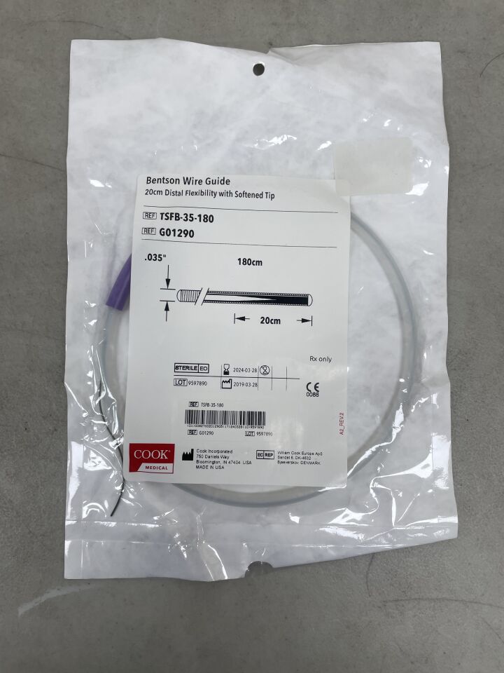 G01290 - COOK - Bentson Wire Guide - 20cm Distal Flexibility with Softened Tip - TSFB-35-180 - .035" x 180cm, (EA) - ( Expiry Date: 2024-03-28 )
