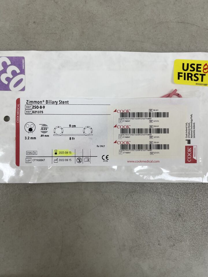 G21375 - COOK - Zimmon Pancreatic Stent, 8Fr x 9cm, (EA) - ( Expiry Date: 2025-08-15 )