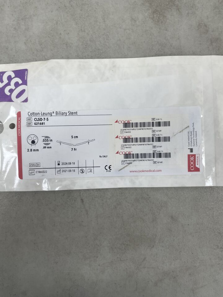 G21681 - COOK - Cotton-Leung Biliary Stent, 7 Fr x 5 cm Length, (EA) - ( Expiry Date: 2024-08-18 )