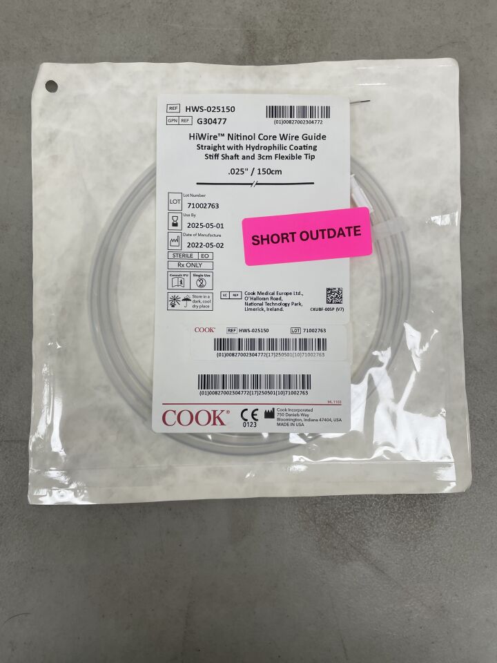 G30477 - COOK - HiWire Nitinol Core Wire Guide, 3 cm Straight Tip, 0.025 in. dia. x 150 cm Length, (EA) - ( Expiry Date: 2025-05-01 )