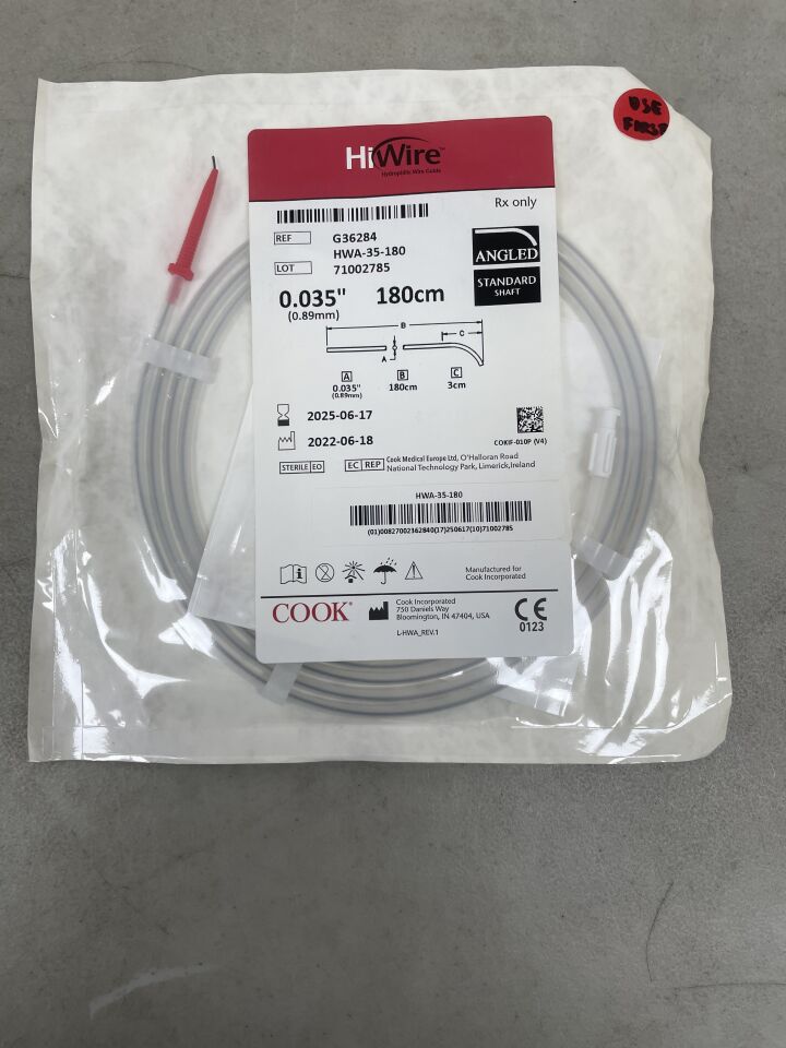 G36284 - COOK - HiWire Hydrophilic Angled Tip Guidewire, 0.035 in. dia. x 180 cm Length, (EA) - ( Expiry Date: 2025-06-17 )