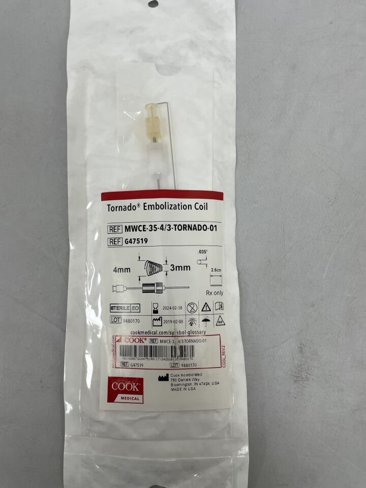 G47519 - COOK - Tornado Embolization Coil: 0.035", 2.6cm, 4-3mm, (EA) - ( Expiry Date: 2025-04-03 )