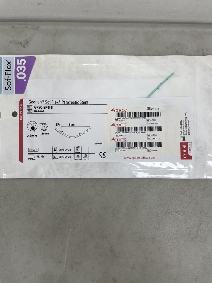 G49664 - COOK - Geenen Pancreatic Stent - 5Fr x 5cm, (EA) - ( Expiry Date: 2025-09-28 )