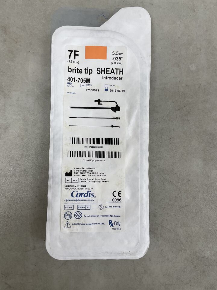 401-705M - CORDIS - Brite Tip Sheath Introducer with Mini-wire, 7 Fr Size, 11 cm Cannula Length, (EA) - ( Expiry Date: 2019-06-30 )