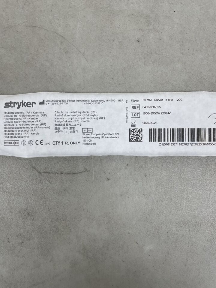 0406-630-015 - STRYKER - RF Cannula, HF-Surgery 20G x 50mm, 5mm Tip, Curved, (EA) - ( Expiry Date: 2025-02-23 )