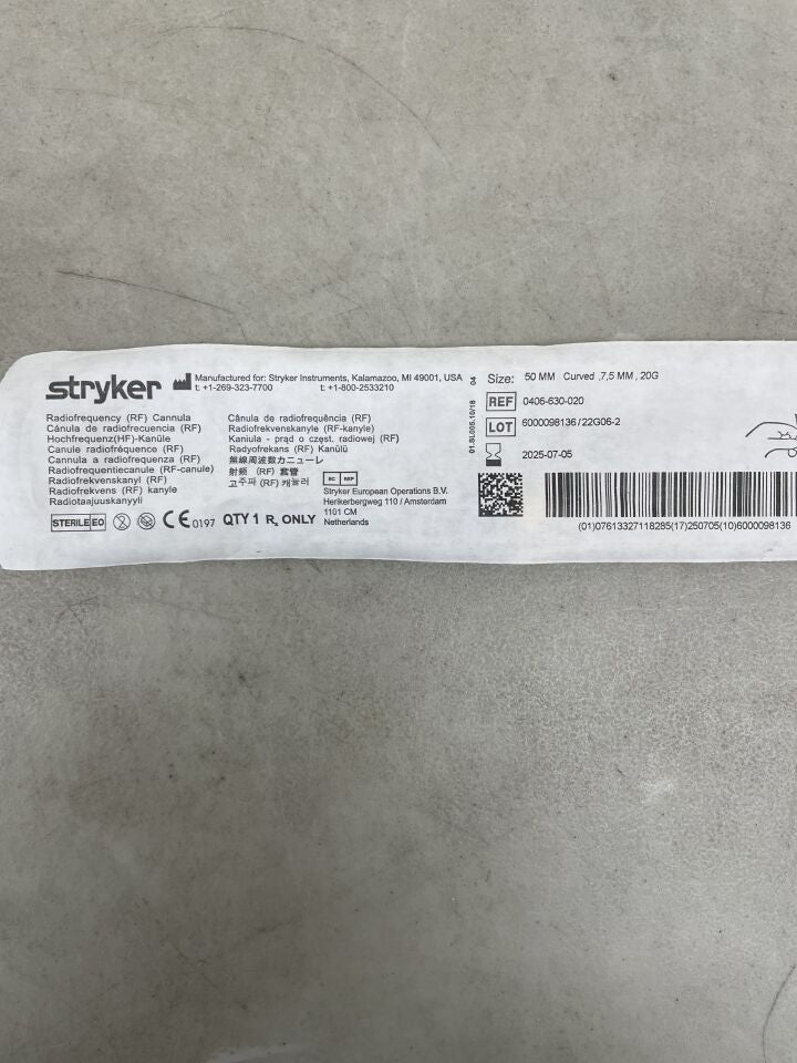 0406-630-020 - STRYKER - radiofrequency (rf) cannula, 50mm, curved 7.5mm, 20g, (EA) - ( Expiry Date: 2025-07-05 )