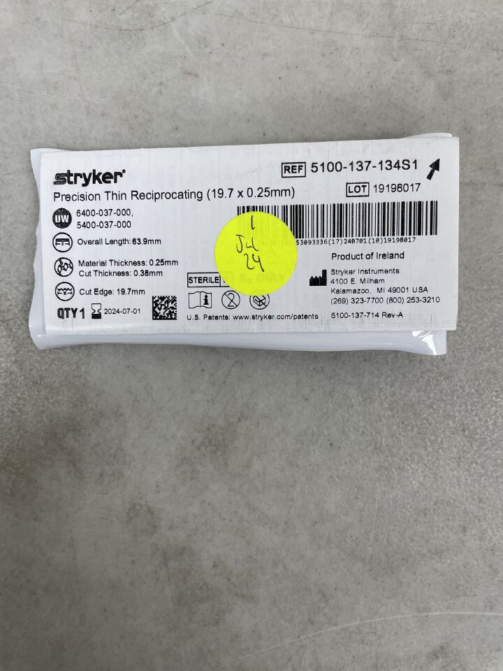 5100-137-134S1 - STRYKER - Precision Thin Reciprocating Saw Blade, 19.7 x 0.25mm, (EA) - ( Expiry Date: 2024-07-01 )
