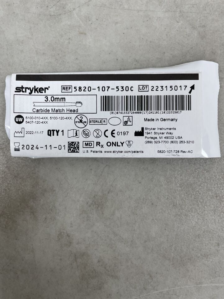 5820-107-530C - STRYKER - Precision Neuro Carbide Match Head Drill, 3 x 3.8 mm, (EA) - ( Expiry Date: 2024-11-01 )