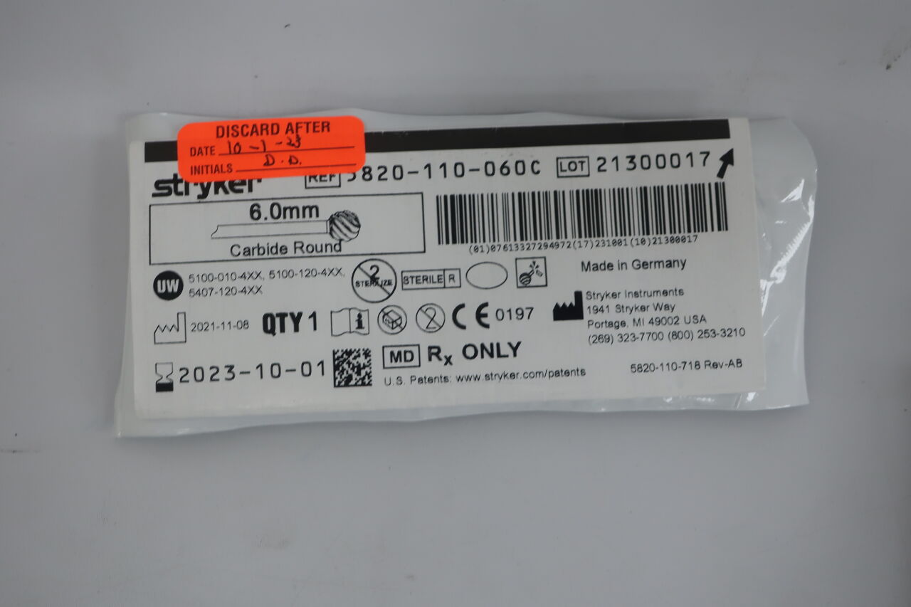 5820-110-060C - STRYKER - Round Carbide Burr, 6 mm Head Diameter, (EA) - ( Expiry Date: 2025-03-01 )