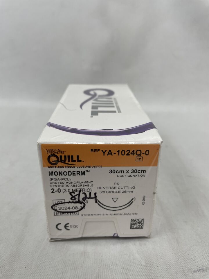 YA-1024Q-0 - SURGICAL SPECIALTIES - 2-0 Quill Monoderm Barbed undyed (30cm x 30cm) PS Reverse Cutting, Double Armed, Bi-Directional, (BX/12) - ( Expiry Date: 2023-11-30 )