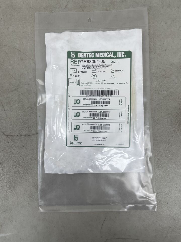 GR83064-06 - BENTEC MEDICAL - Silicone Biliary Stent w/Position Mark & Male/Female Luer Connector, 20F, (EA)