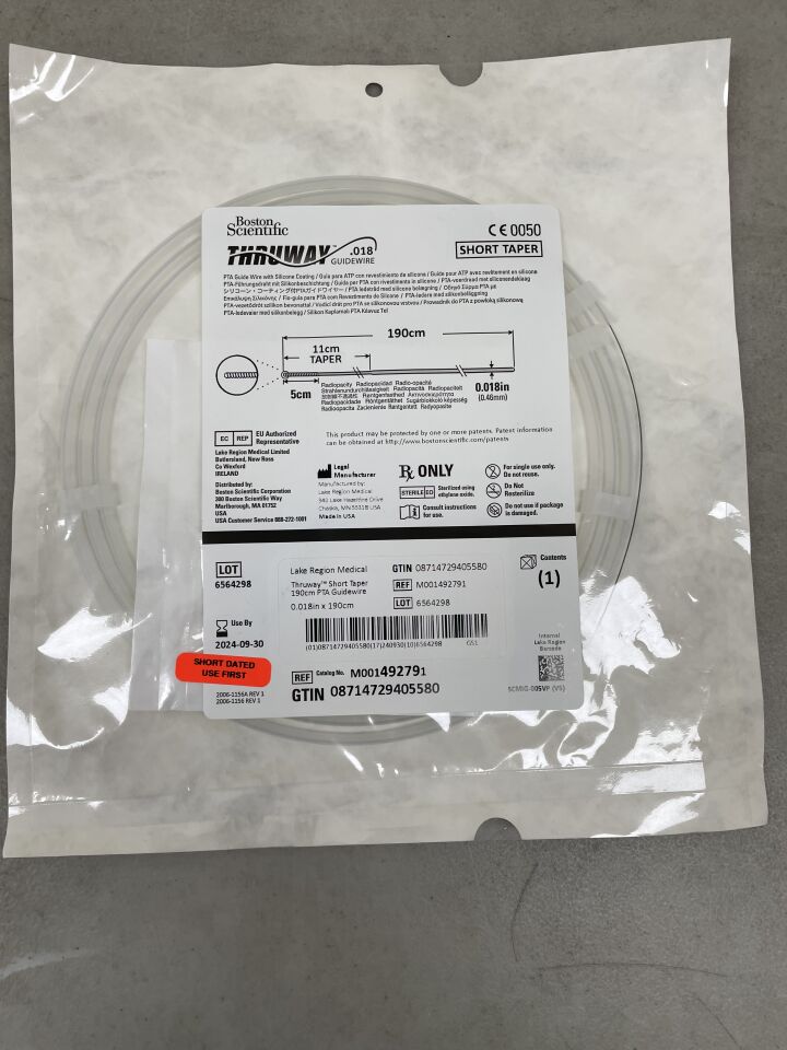 49279 - BOSTON SCIENTIFIC - Thruway PTA Guidewire with Silicone Coating - Short Taper - Straight - .018" x 190cm, () - ( Expiry Date: 2024-09-30 )