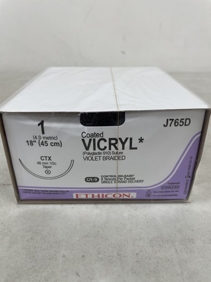 J765D  -  ETHICON  -  Coated Vicryl Absorbable Braided Polyglactin 910 Suture, Size 1, 18 in. Length, CTX Needle , ( BX/12 )  -  ( Expiry Date : 2026-04-30 )