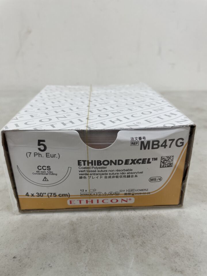 MB47G  -  ETHICON  -  ETHIBOND EXCEL® Polyester Suture, Conventional Cutting - Sternum,  CCS 48mm ½ Circle, Green Braided 4-30" = 75cm, Size: 5 , ( BX/12 )  -  ( Expiry Date : 2029-02-28 )