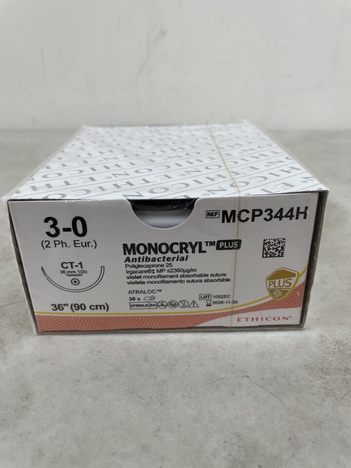MCP344H  -  ETHICON  -  Monocryl Plus Absorbable Monofilament Poliglecaprone 25 Suture, Size 3-0, 36 in. Length, CT-1 Needle , ( BX/36 )  -  ( Expiry Date : 2026-11-30 )