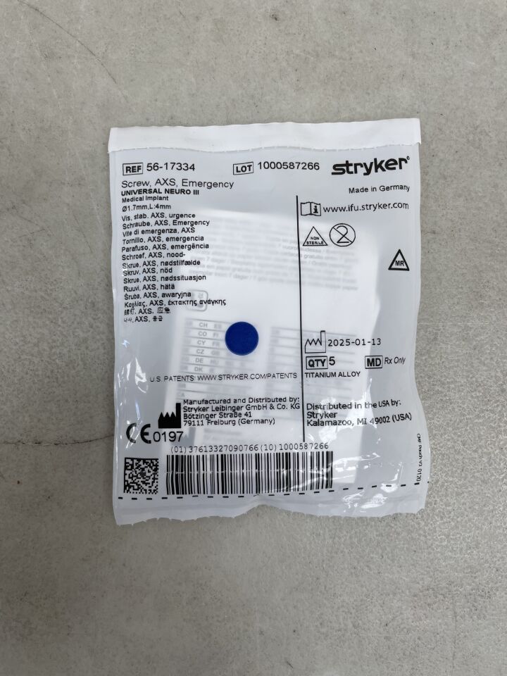 56-17334  -  STRYKER  -  AXS Universal Neuro 3 Emergency Screw, 1.7 x 4mm (5 Per Pack) , ( EA )  -  ( Expiry Date : 2099-12-31 )