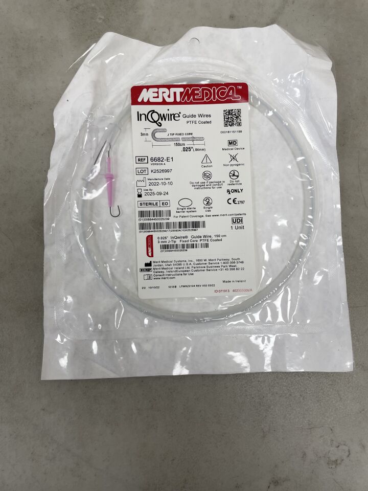 6682-E1 - MERIT MEDICAL - InQwire Guide Wire 0.025" x 150cm, 3mm J Tip, Fixed Core, (EA) - ( Expiry Date: 2025-09-24 )
