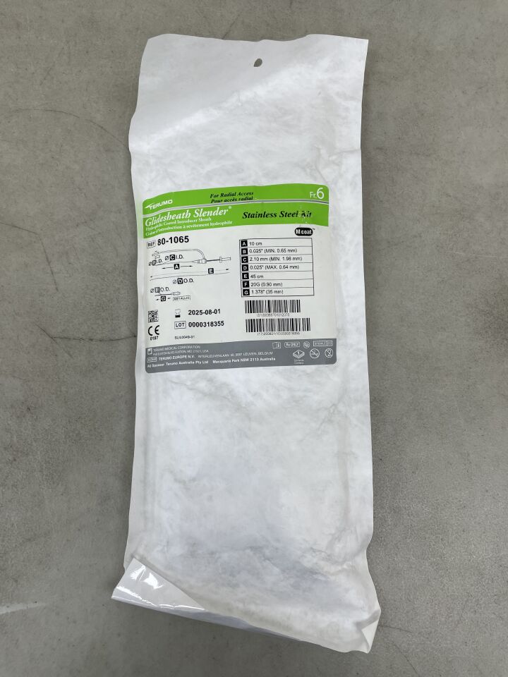 80-1065 - TERUMO - Glidesheath Slender Hydrophilic Coated Introducer Sheath - Stainless Steel Kit - 6Fr x 10cm x .025", (EA) - ( Expiry Date: 2025-08-01 )