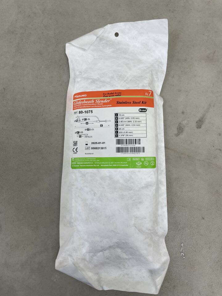 80-1075 - TERUMO - Glidesheath Slender Hydrophilic Coated Introducer Sheath - Stainless Steel Kit - 7Fr x 10cm x .025", (EA) - ( Expiry Date: 2025-01-01 )