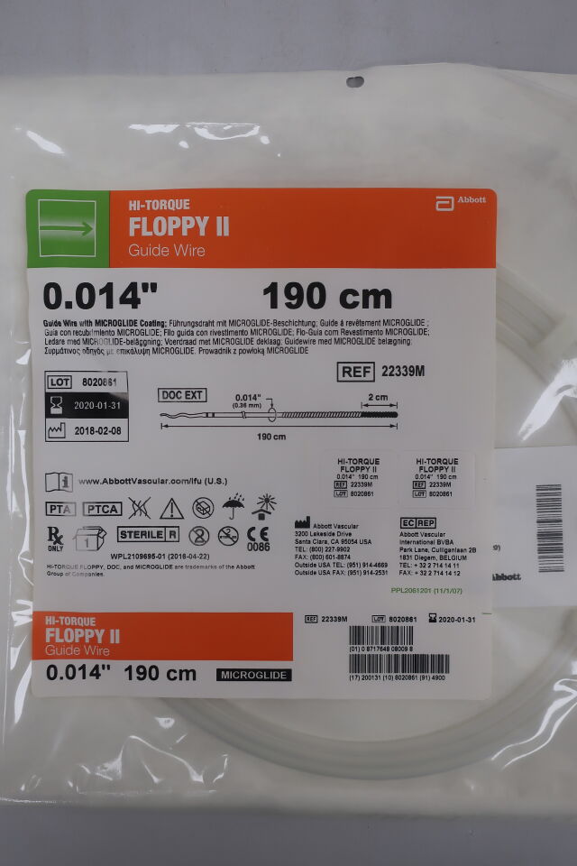 22339M - ABBOTT - HI-TORQUE FLOPPY II Guide Wire .014 Straight Tip 2.0 cm x 190 cm, (EA) - ( Expiry Date: 2020-01-31 )