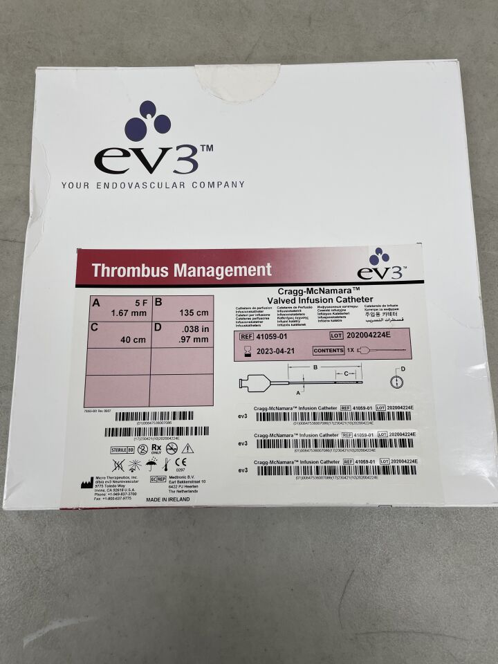 41059-01 - EV3 - Cragg-McNamara Valved Infusion Catheter, 5F x 135cm x 40cm x .038", (BX/1) - ( Expiry Date: 2023-04-21 )