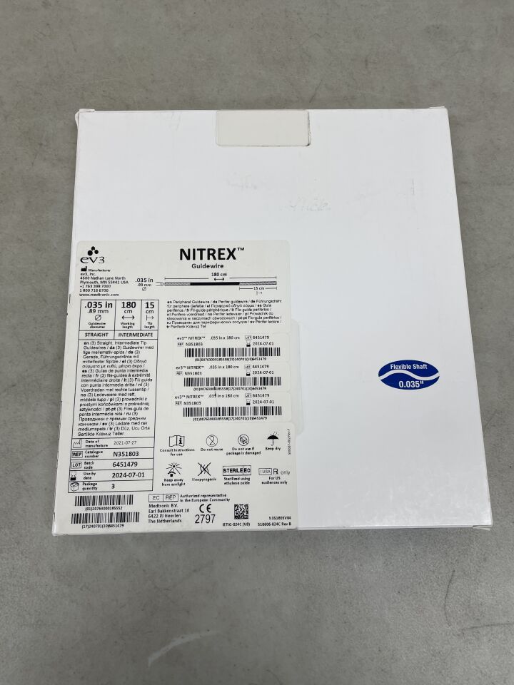 N351803 - EV3 - nitrex guidewire: 0.035" x 180cm, straight, (BX/3) - ( Expiry Date: 2024-07-01 )
